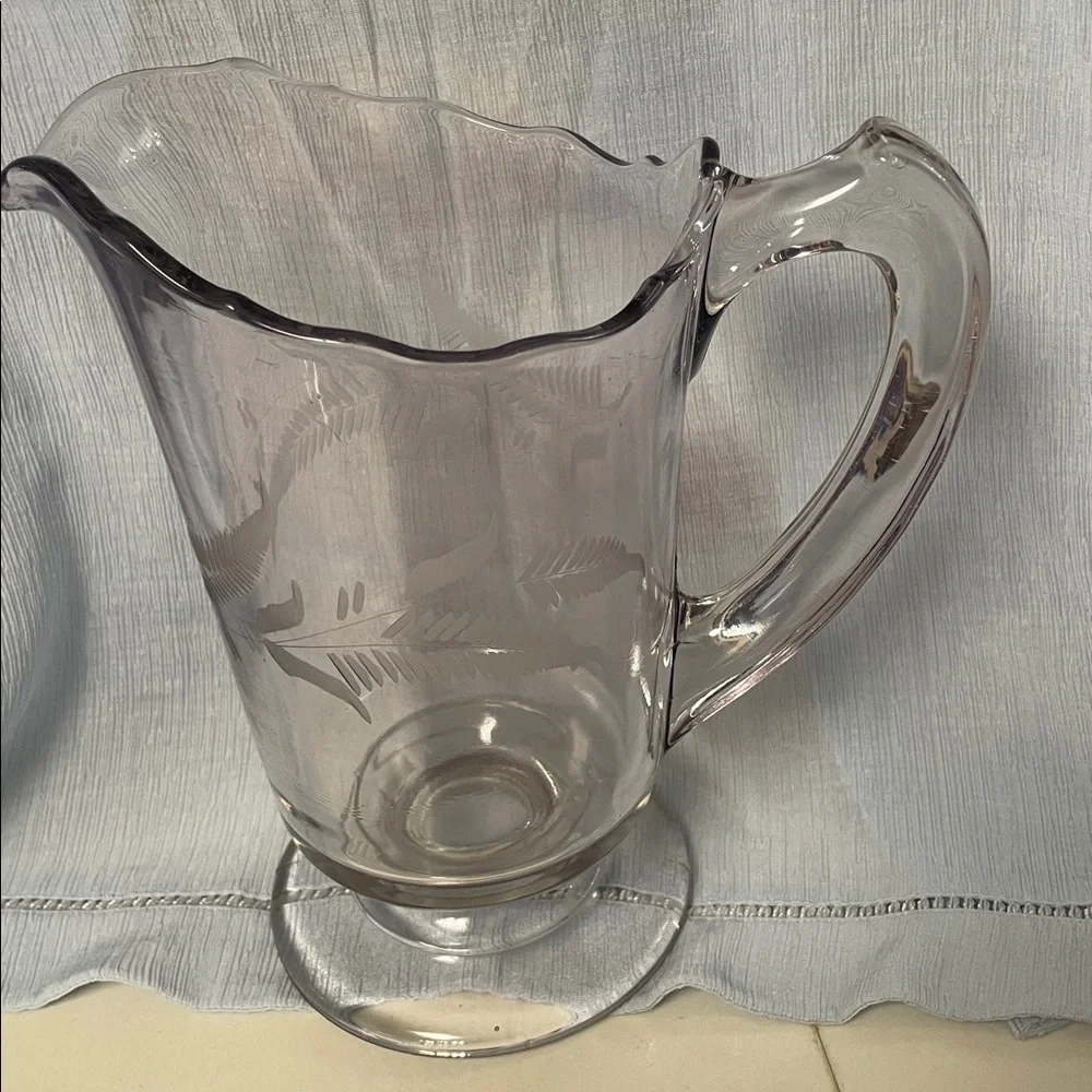 HTF WESTMORELAND GLASS PINK REAMER PITCHER BOTTOM - Etched WITH Leaves/floral